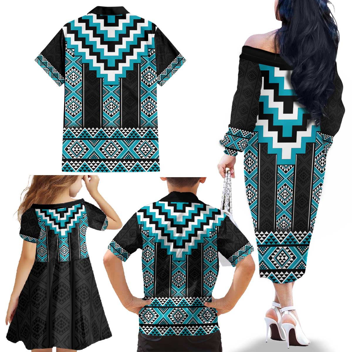 Turquoise Taniko Pattern Aotearoa Family Matching Off The Shoulder Long Sleeve Dress and Hawaiian Shirt Niho Taniwha Mix Poutama LT14 - Polynesian Pride
