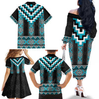 Turquoise Taniko Pattern Aotearoa Family Matching Off The Shoulder Long Sleeve Dress and Hawaiian Shirt Niho Taniwha Mix Poutama LT14 - Polynesian Pride