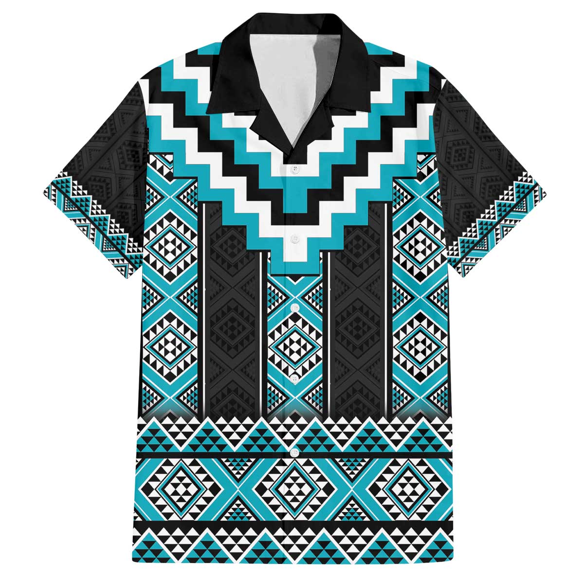 Turquoise Taniko Pattern Aotearoa Family Matching Off The Shoulder Long Sleeve Dress and Hawaiian Shirt Niho Taniwha Mix Poutama LT14 Dad's Shirt - Short Sleeve Turquoise - Polynesian Pride
