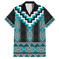 Turquoise Taniko Pattern Aotearoa Family Matching Off The Shoulder Long Sleeve Dress and Hawaiian Shirt Niho Taniwha Mix Poutama LT14 Dad's Shirt - Short Sleeve Turquoise - Polynesian Pride