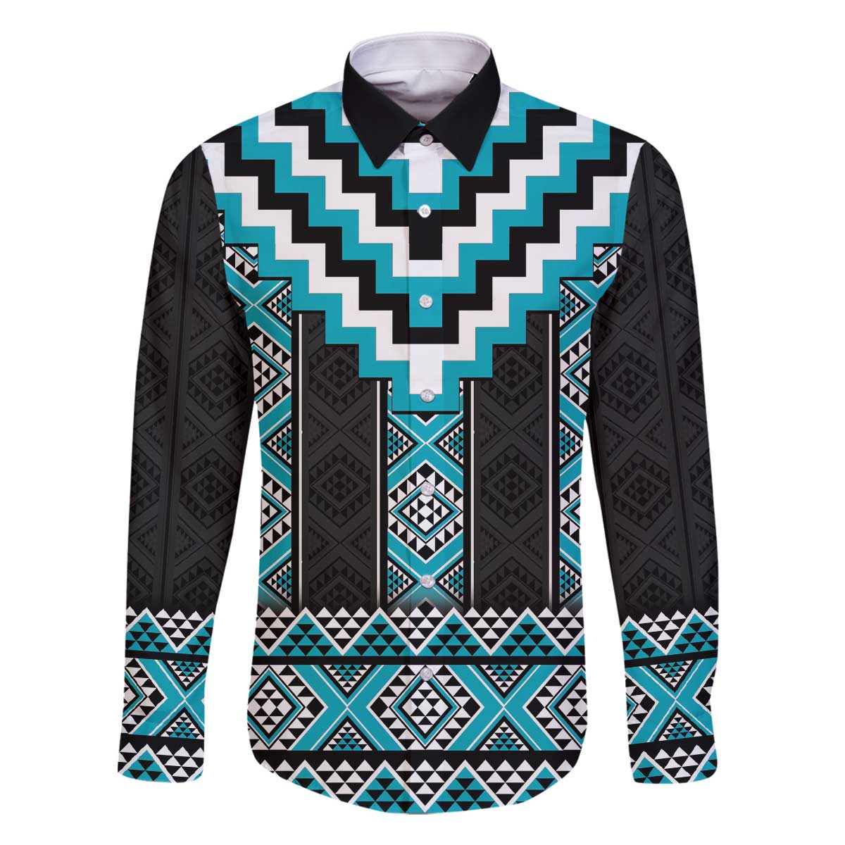 Turquoise Taniko Pattern Aotearoa Family Matching Off The Shoulder Long Sleeve Dress and Hawaiian Shirt Niho Taniwha Mix Poutama LT14 Dad's Shirt - Long Sleeve Turquoise - Polynesian Pride