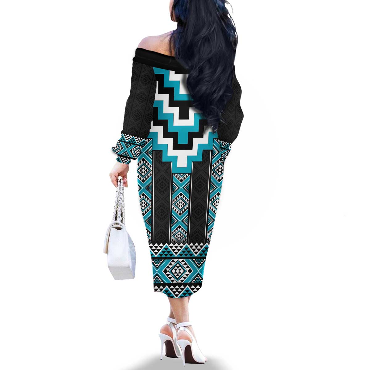 Turquoise Taniko Pattern Aotearoa Family Matching Off The Shoulder Long Sleeve Dress and Hawaiian Shirt Niho Taniwha Mix Poutama LT14 - Polynesian Pride