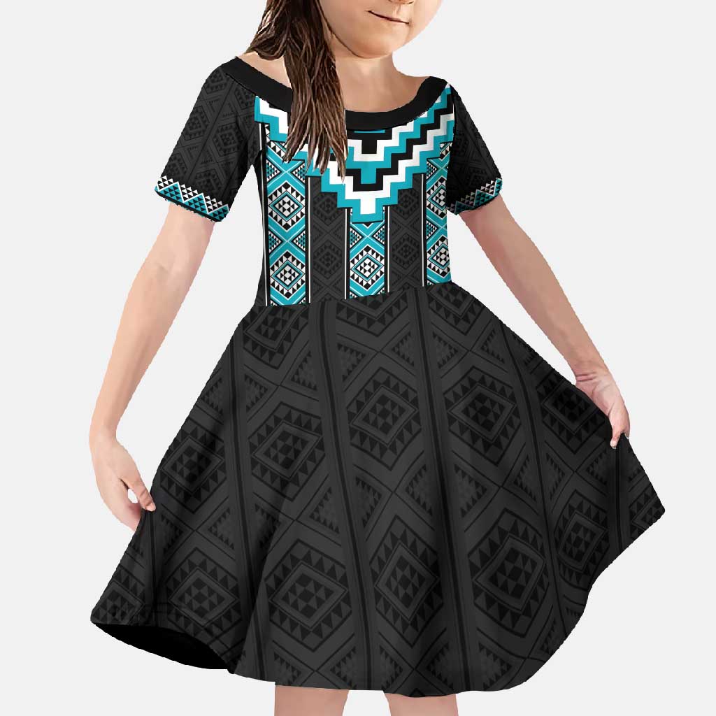 Turquoise Taniko Pattern Aotearoa Family Matching Off Shoulder Maxi Dress and Hawaiian Shirt Niho Taniwha Mix Poutama LT14 Daughter's Dress Turquoise - Polynesian Pride