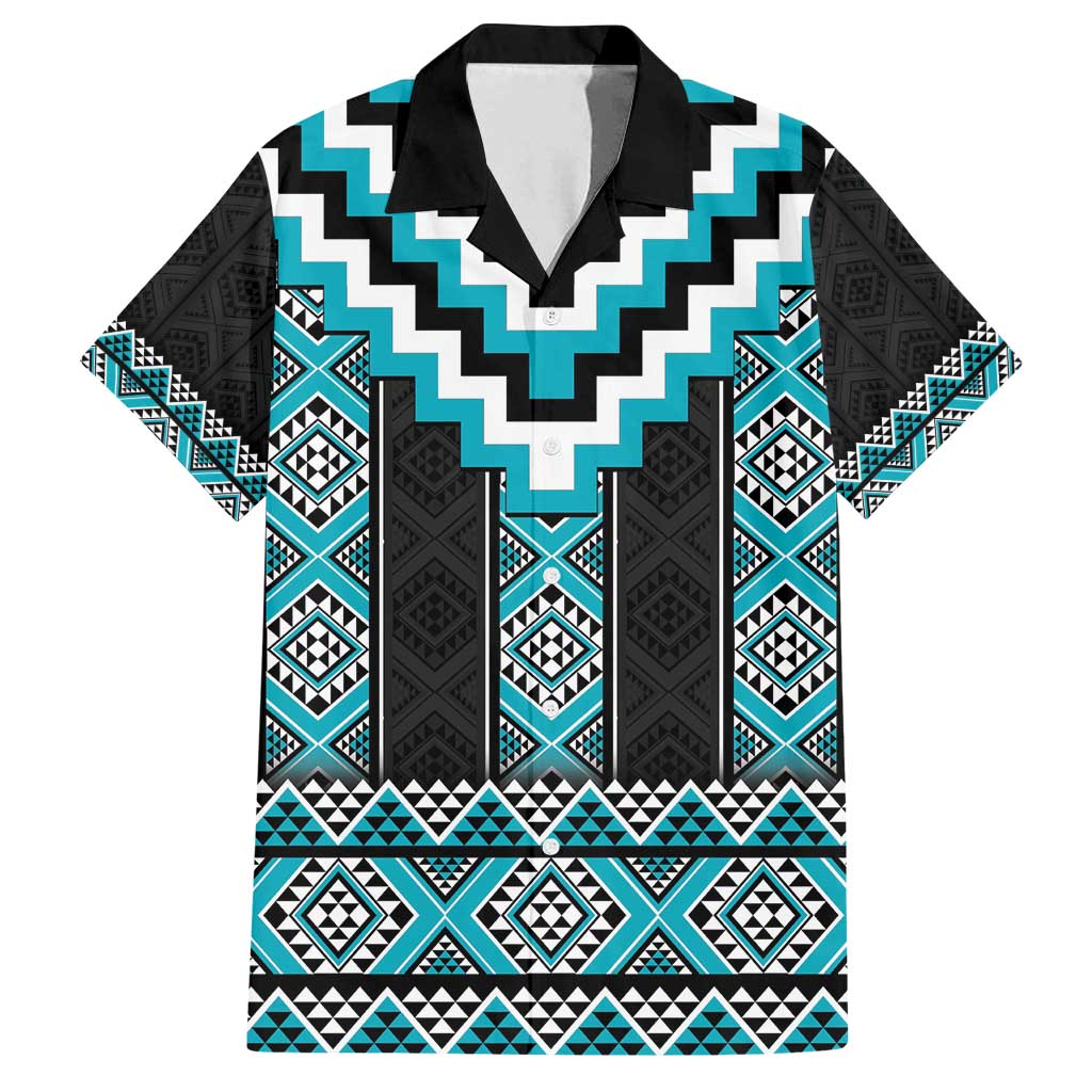 Turquoise Taniko Pattern Aotearoa Family Matching Off Shoulder Maxi Dress and Hawaiian Shirt Niho Taniwha Mix Poutama LT14 Dad's Shirt - Short Sleeve Turquoise - Polynesian Pride