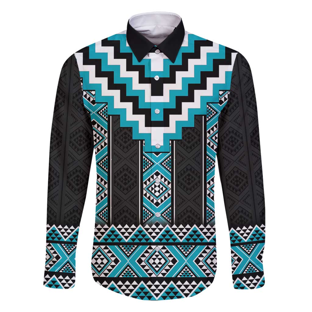 Turquoise Taniko Pattern Aotearoa Family Matching Off Shoulder Maxi Dress and Hawaiian Shirt Niho Taniwha Mix Poutama LT14 Dad's Shirt - Long Sleeve Turquoise - Polynesian Pride