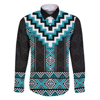 Turquoise Taniko Pattern Aotearoa Family Matching Off Shoulder Maxi Dress and Hawaiian Shirt Niho Taniwha Mix Poutama LT14 Dad's Shirt - Long Sleeve Turquoise - Polynesian Pride