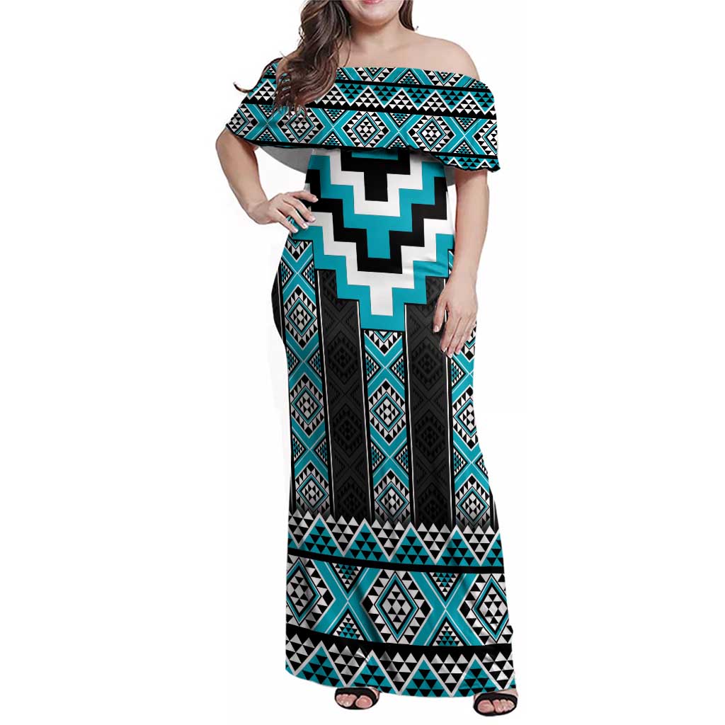 Turquoise Taniko Pattern Aotearoa Family Matching Off Shoulder Maxi Dress and Hawaiian Shirt Niho Taniwha Mix Poutama LT14 Mom's Dress Turquoise - Polynesian Pride