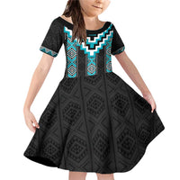 Turquoise Taniko Pattern Aotearoa Family Matching Off Shoulder Short Dress and Hawaiian Shirt Niho Taniwha Mix Poutama LT14 Daughter's Dress Turquoise - Polynesian Pride