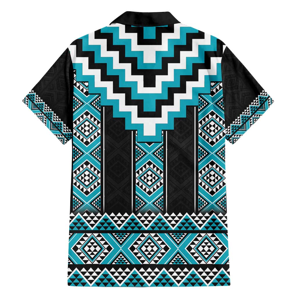 Turquoise Taniko Pattern Aotearoa Family Matching Off Shoulder Short Dress and Hawaiian Shirt Niho Taniwha Mix Poutama LT14 - Polynesian Pride