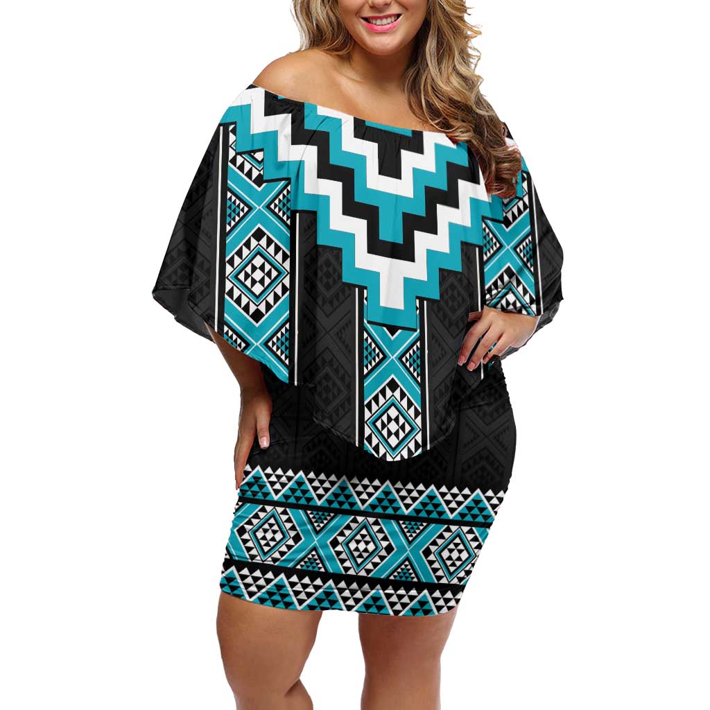 Turquoise Taniko Pattern Aotearoa Family Matching Off Shoulder Short Dress and Hawaiian Shirt Niho Taniwha Mix Poutama LT14 Mom's Dress Turquoise - Polynesian Pride