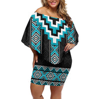 Turquoise Taniko Pattern Aotearoa Family Matching Off Shoulder Short Dress and Hawaiian Shirt Niho Taniwha Mix Poutama LT14 Mom's Dress Turquoise - Polynesian Pride
