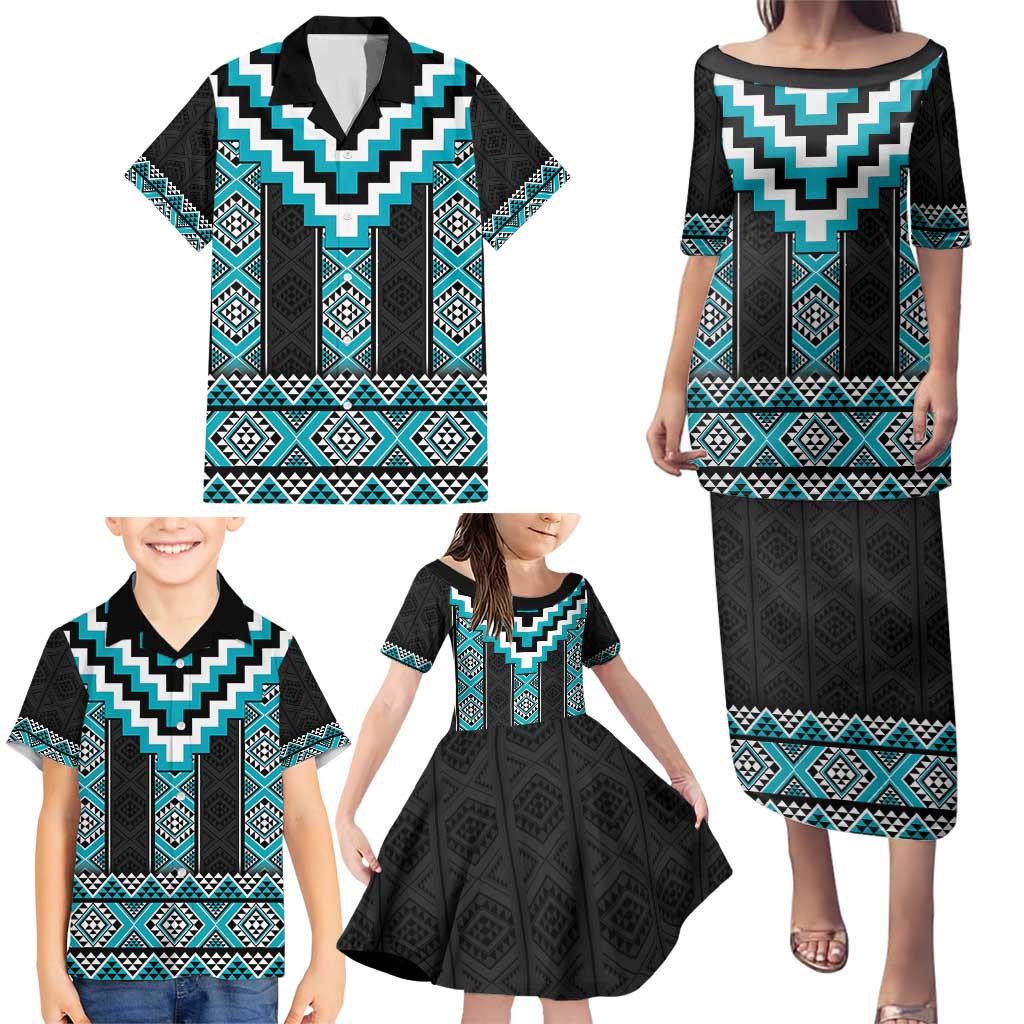 Turquoise Taniko Pattern Aotearoa Family Matching Puletasi and Hawaiian Shirt Niho Taniwha Mix Poutama LT14 - Polynesian Pride