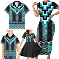 Turquoise Taniko Pattern Aotearoa Family Matching Short Sleeve Bodycon Dress and Hawaiian Shirt Niho Taniwha Mix Poutama LT14 - Polynesian Pride