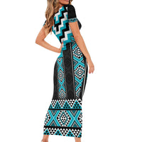 Turquoise Taniko Pattern Aotearoa Family Matching Short Sleeve Bodycon Dress and Hawaiian Shirt Niho Taniwha Mix Poutama LT14 - Polynesian Pride