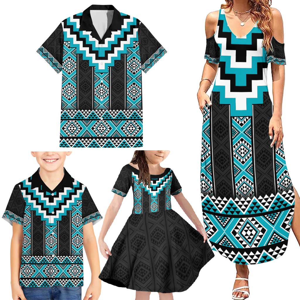 Turquoise Taniko Pattern Aotearoa Family Matching Summer Maxi Dress and Hawaiian Shirt Niho Taniwha Mix Poutama LT14 - Polynesian Pride