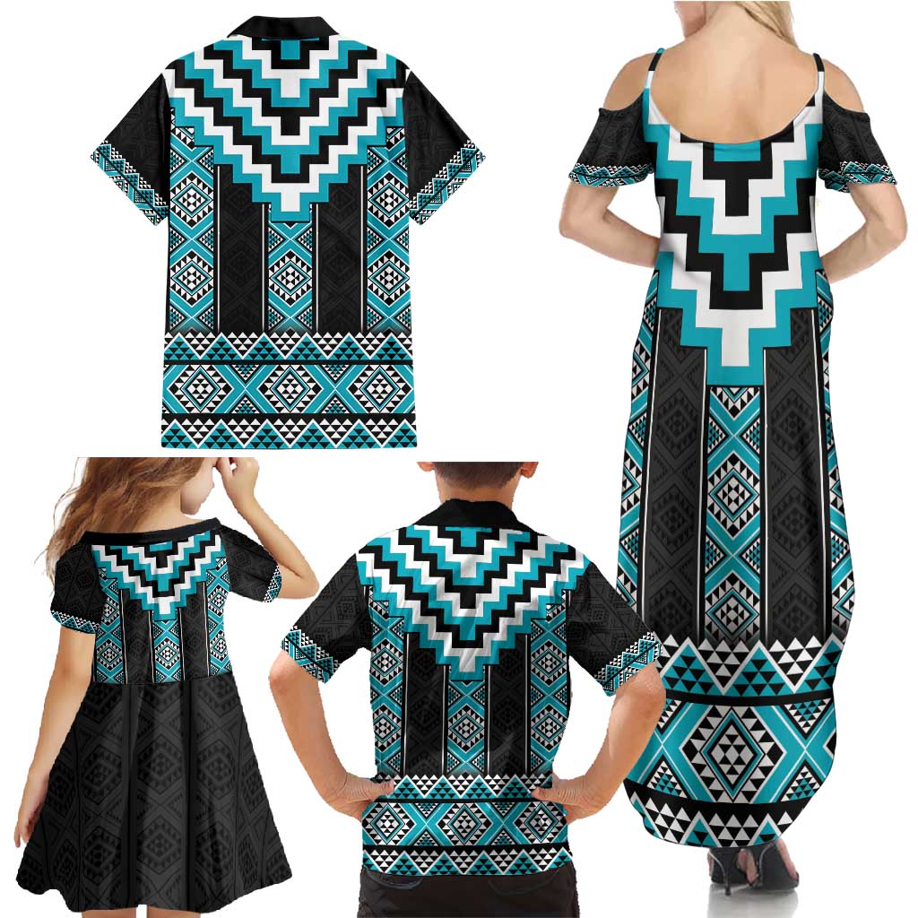 Turquoise Taniko Pattern Aotearoa Family Matching Summer Maxi Dress and Hawaiian Shirt Niho Taniwha Mix Poutama LT14 - Polynesian Pride