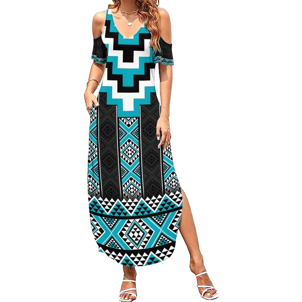 Turquoise Taniko Pattern Aotearoa Family Matching Summer Maxi Dress and Hawaiian Shirt Niho Taniwha Mix Poutama LT14 Mom's Dress Turquoise - Polynesian Pride