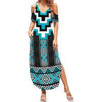 Turquoise Taniko Pattern Aotearoa Family Matching Summer Maxi Dress and Hawaiian Shirt Niho Taniwha Mix Poutama LT14 Mom's Dress Turquoise - Polynesian Pride