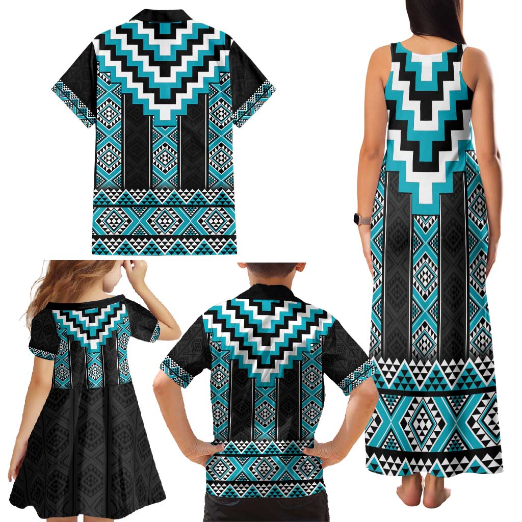 Turquoise Taniko Pattern Aotearoa Family Matching Tank Maxi Dress and Hawaiian Shirt Niho Taniwha Mix Poutama LT14 - Polynesian Pride