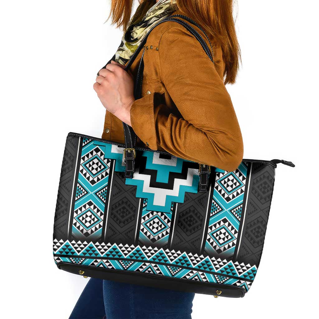 Turquoise Taniko Pattern Aotearoa Leather Tote Bag Niho Taniwha Mix Poutama LT14 Turquoise - Polynesian Pride