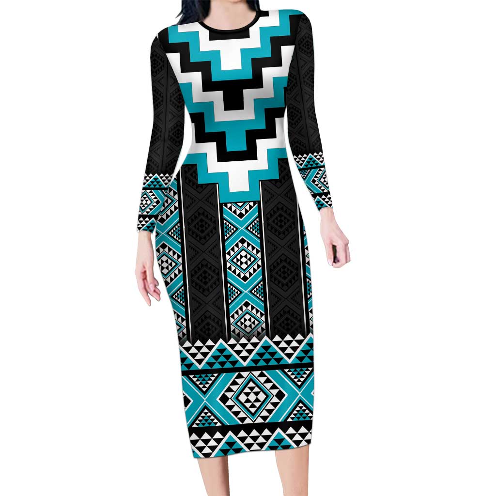 Turquoise Taniko Pattern Aotearoa Long Sleeve Bodycon Dress Niho Taniwha Mix Poutama LT14 Long Dress Turquoise - Polynesian Pride