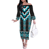 Turquoise Taniko Pattern Aotearoa Off The Shoulder Long Sleeve Dress Niho Taniwha Mix Poutama LT14 Women Turquoise - Polynesian Pride