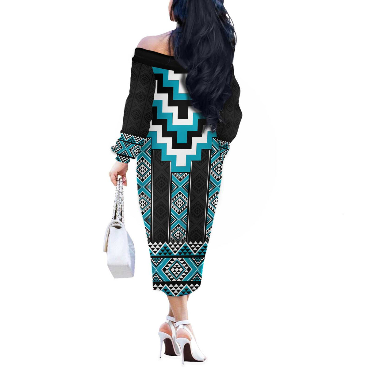 Turquoise Taniko Pattern Aotearoa Off The Shoulder Long Sleeve Dress Niho Taniwha Mix Poutama LT14 - Polynesian Pride