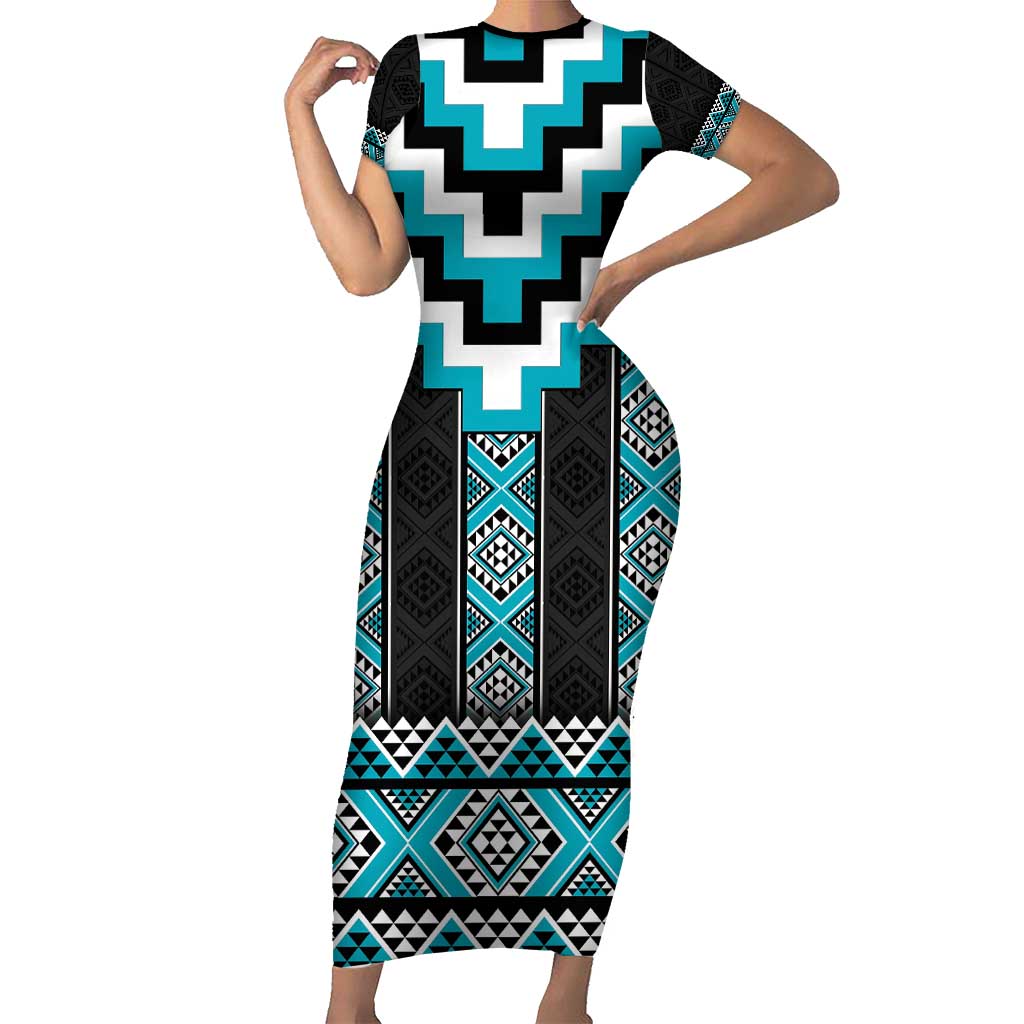 Turquoise Taniko Pattern Aotearoa Short Sleeve Bodycon Dress Niho Taniwha Mix Poutama LT14 Long Dress Turquoise - Polynesian Pride
