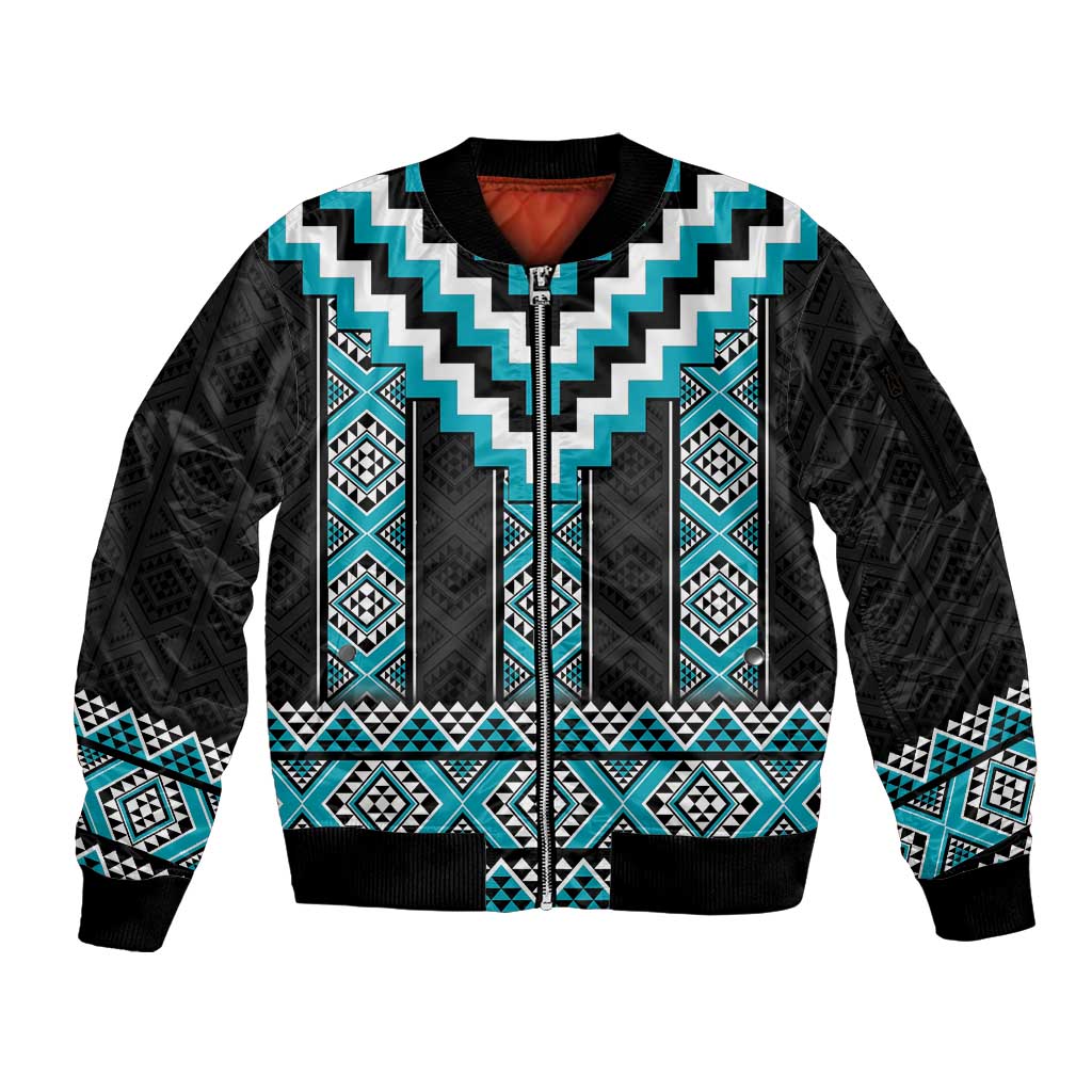 Turquoise Taniko Pattern Aotearoa Sleeve Zip Bomber Jacket Niho Taniwha Mix Poutama LT14 Unisex Turquoise - Polynesian Pride