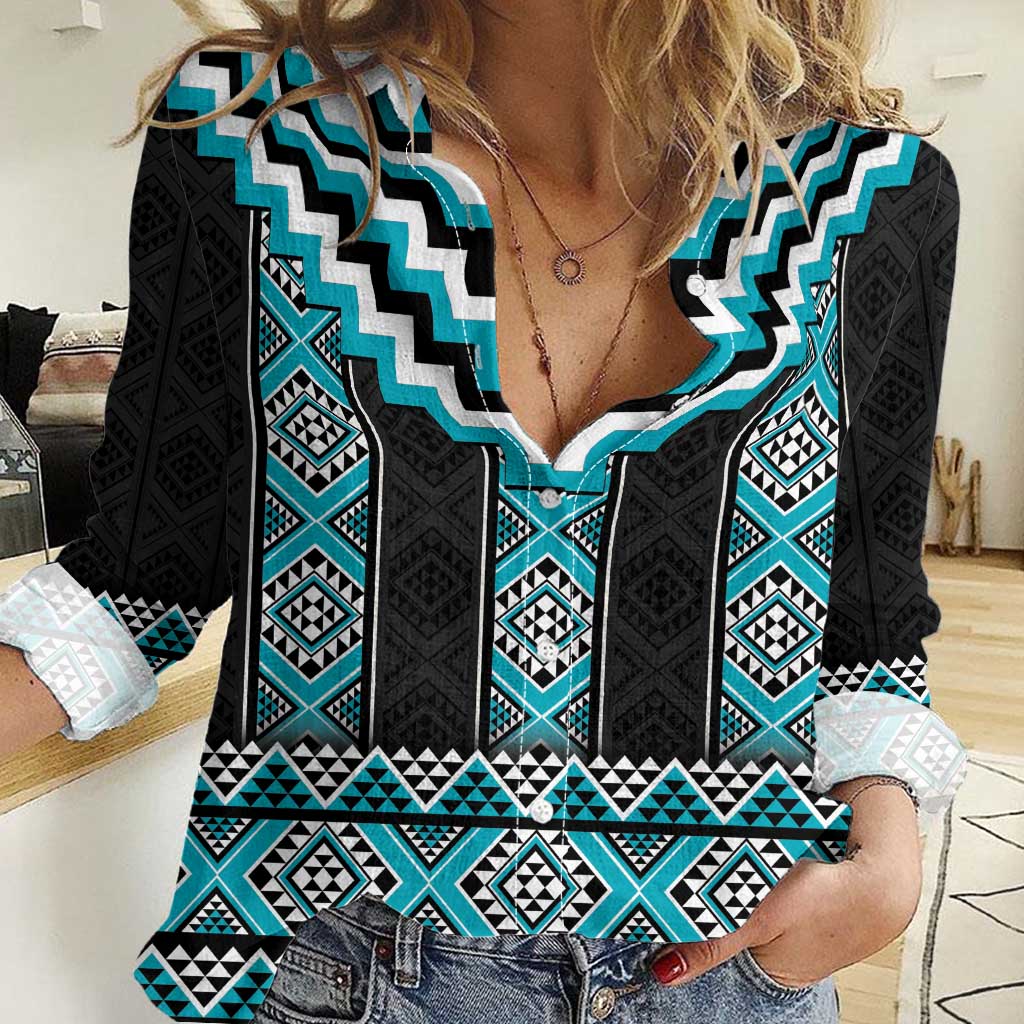 Turquoise Taniko Pattern Aotearoa Women Casual Shirt Niho Taniwha Mix Poutama LT14 Female Turquoise - Polynesian Pride