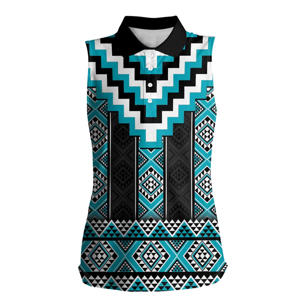 Turquoise Taniko Pattern Aotearoa Women Sleeveless Polo Shirt Niho Taniwha Mix Poutama LT14 Female Turquoise - Polynesian Pride
