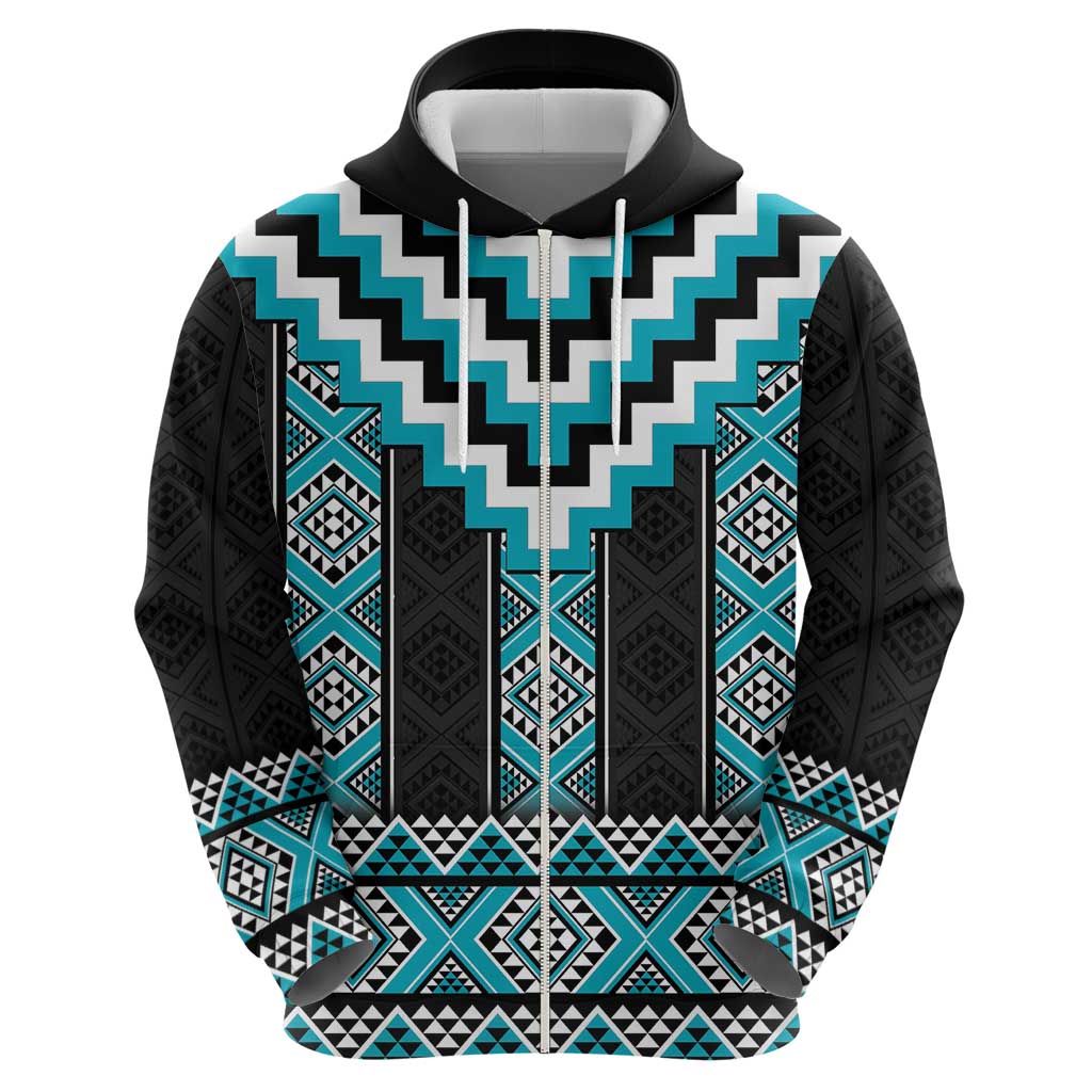 Turquoise Taniko Pattern Aotearoa Zip Hoodie Niho Taniwha Mix Poutama LT14