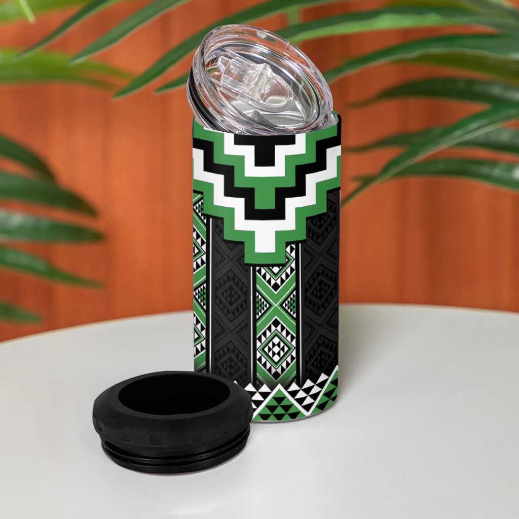 Green Taniko Pattern Aotearoa 4 in 1 Can Cooler Tumbler Niho Taniwha Mix Poutama LT14 - Polynesian Pride
