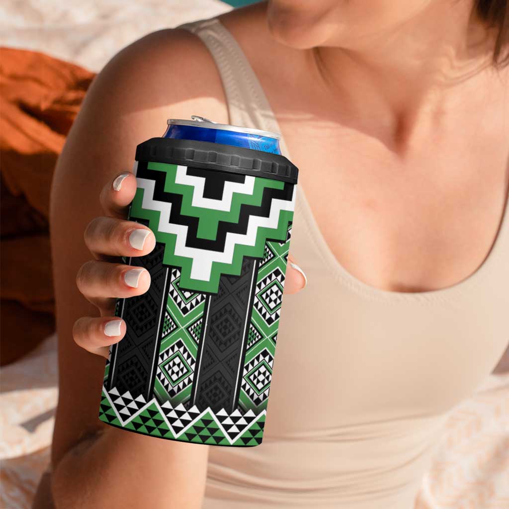 Green Taniko Pattern Aotearoa 4 in 1 Can Cooler Tumbler Niho Taniwha Mix Poutama LT14 - Polynesian Pride