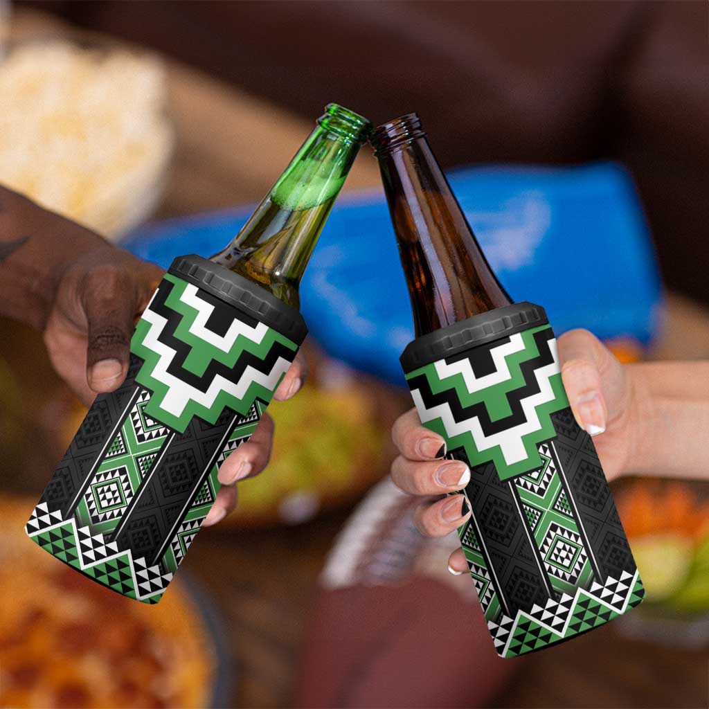 Green Taniko Pattern Aotearoa 4 in 1 Can Cooler Tumbler Niho Taniwha Mix Poutama LT14 - Polynesian Pride