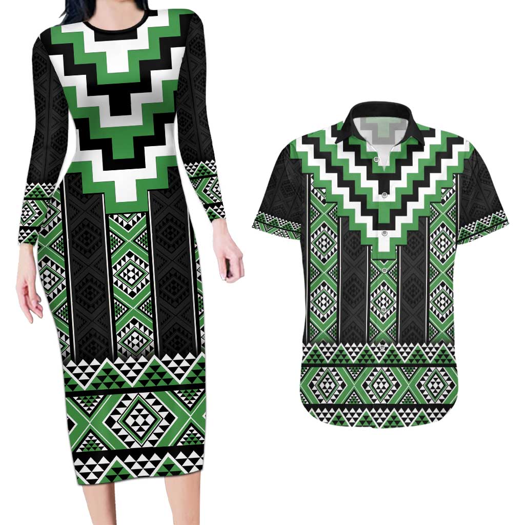 Green Taniko Pattern Aotearoa Couples Matching Long Sleeve Bodycon Dress and Hawaiian Shirt Niho Taniwha Mix Poutama LT14 Green - Polynesian Pride