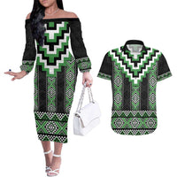 Green Taniko Pattern Aotearoa Couples Matching Off The Shoulder Long Sleeve Dress and Hawaiian Shirt Niho Taniwha Mix Poutama LT14 Green - Polynesian Pride