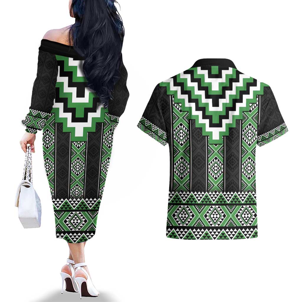 Green Taniko Pattern Aotearoa Couples Matching Off The Shoulder Long Sleeve Dress and Hawaiian Shirt Niho Taniwha Mix Poutama LT14 - Polynesian Pride