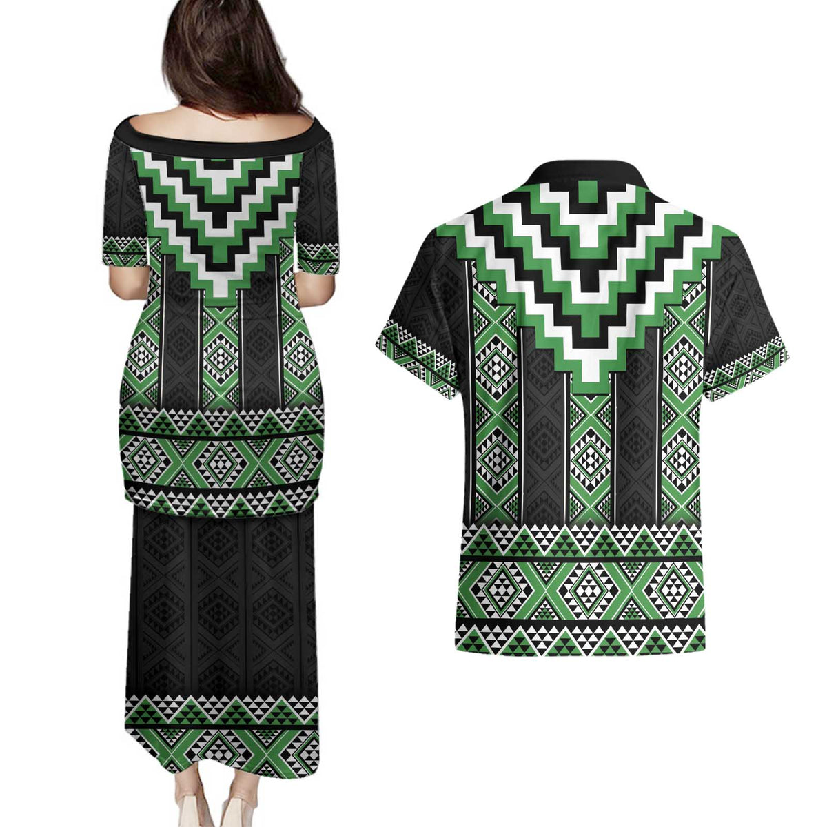Green Taniko Pattern Aotearoa Couples Matching Puletasi and Hawaiian Shirt Niho Taniwha Mix Poutama LT14