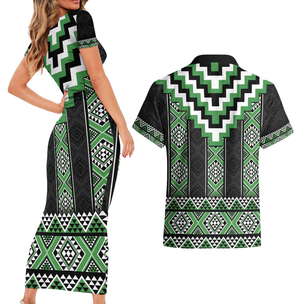 Green Taniko Pattern Aotearoa Couples Matching Short Sleeve Bodycon Dress and Hawaiian Shirt Niho Taniwha Mix Poutama LT14 - Polynesian Pride