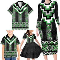 Green Taniko Pattern Aotearoa Family Matching Long Sleeve Bodycon Dress and Hawaiian Shirt Niho Taniwha Mix Poutama LT14 - Polynesian Pride