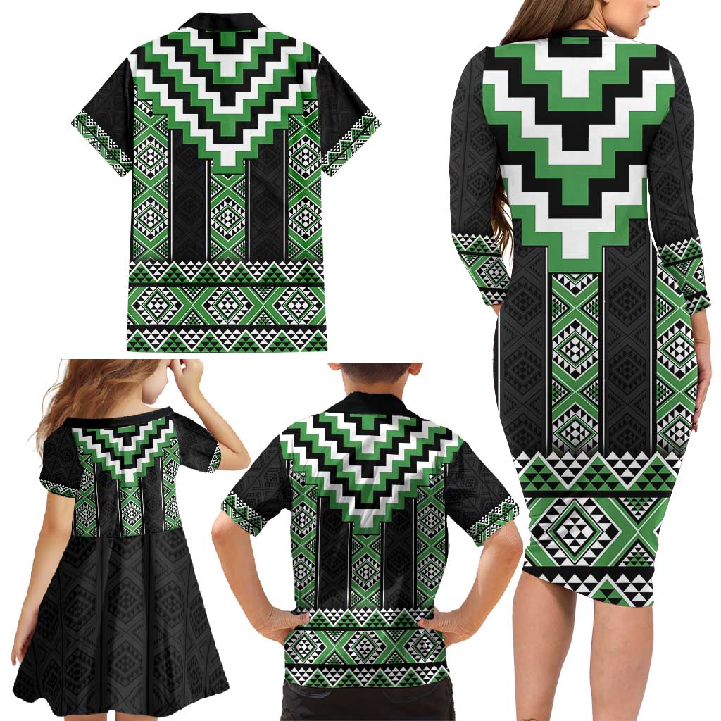 Green Taniko Pattern Aotearoa Family Matching Long Sleeve Bodycon Dress and Hawaiian Shirt Niho Taniwha Mix Poutama LT14 - Polynesian Pride