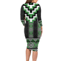 Green Taniko Pattern Aotearoa Family Matching Long Sleeve Bodycon Dress and Hawaiian Shirt Niho Taniwha Mix Poutama LT14 - Polynesian Pride