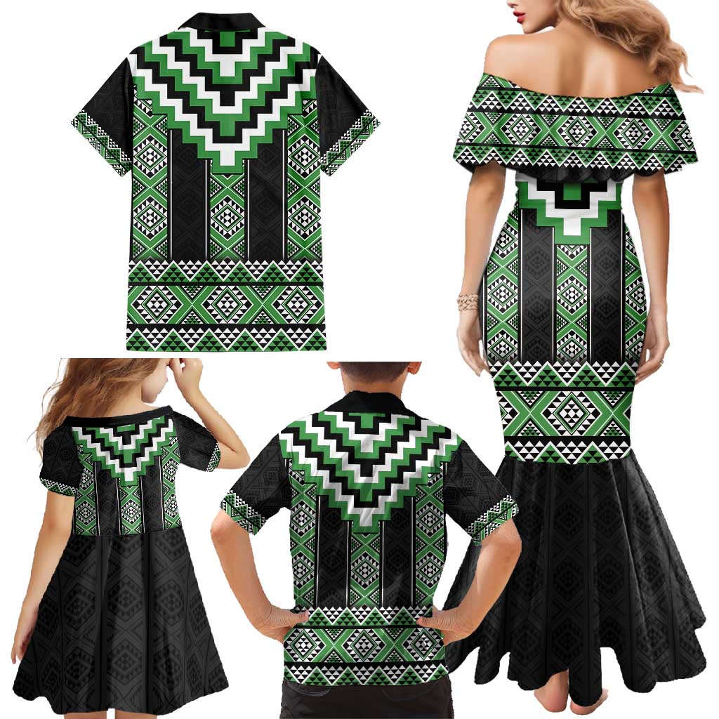 Green Taniko Pattern Aotearoa Family Matching Mermaid Dress and Hawaiian Shirt Niho Taniwha Mix Poutama LT14 - Polynesian Pride