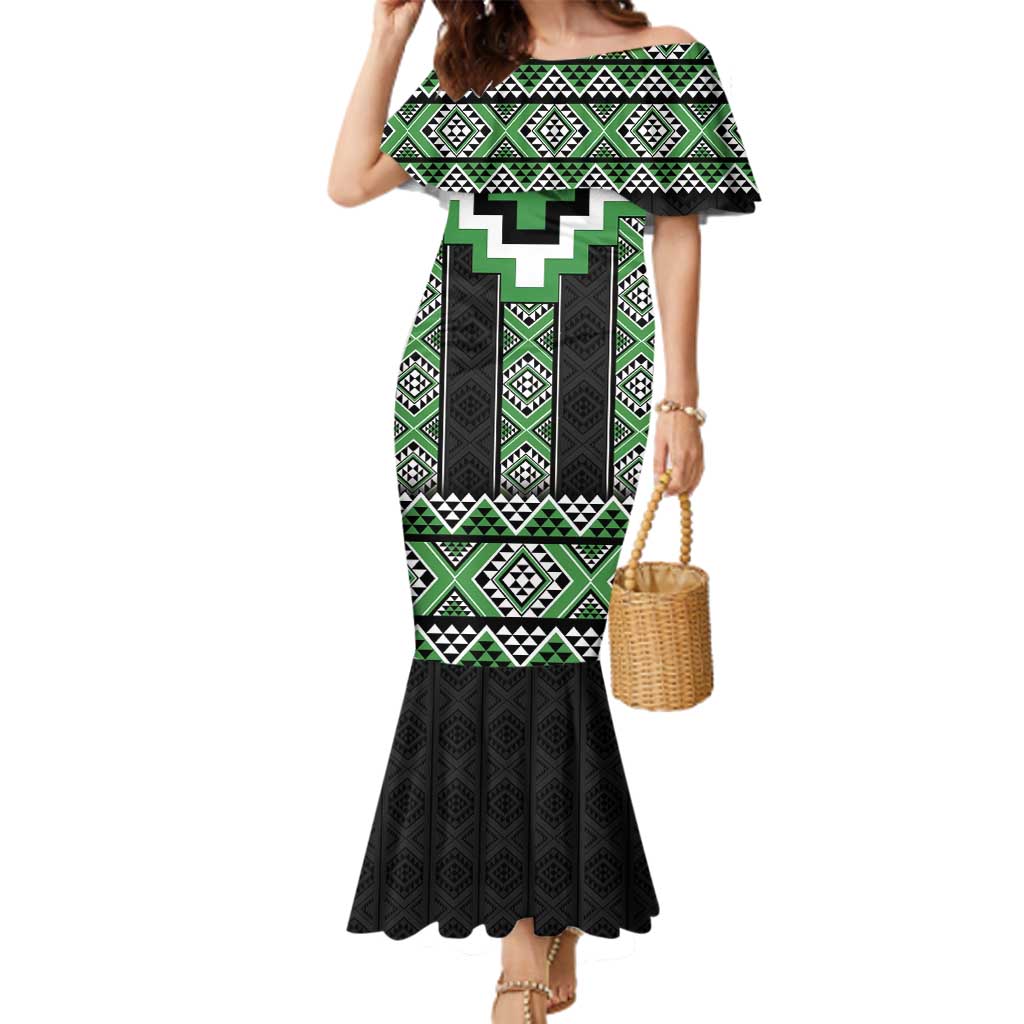 Green Taniko Pattern Aotearoa Family Matching Mermaid Dress and Hawaiian Shirt Niho Taniwha Mix Poutama LT14 Mom's Dress Green - Polynesian Pride