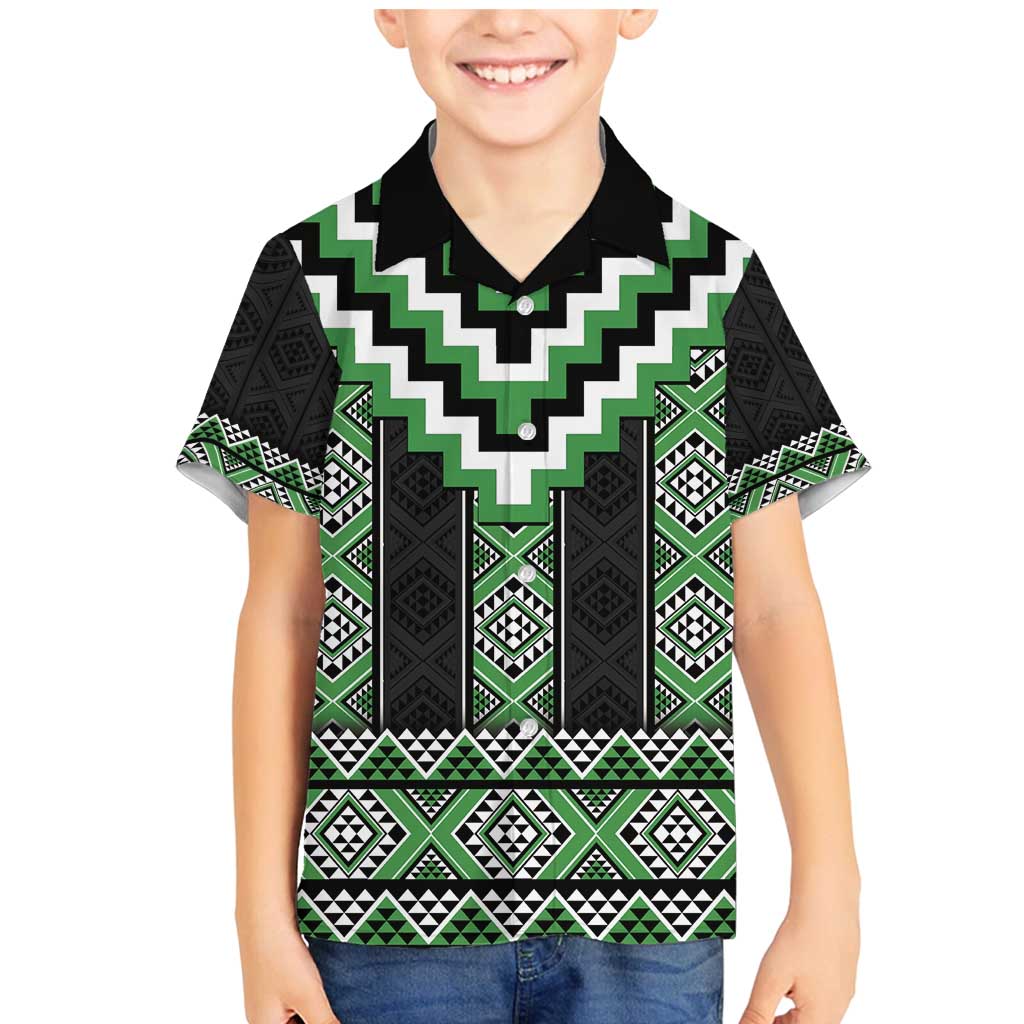 Green Taniko Pattern Aotearoa Family Matching Mermaid Dress and Hawaiian Shirt Niho Taniwha Mix Poutama LT14 Son's Shirt Green - Polynesian Pride