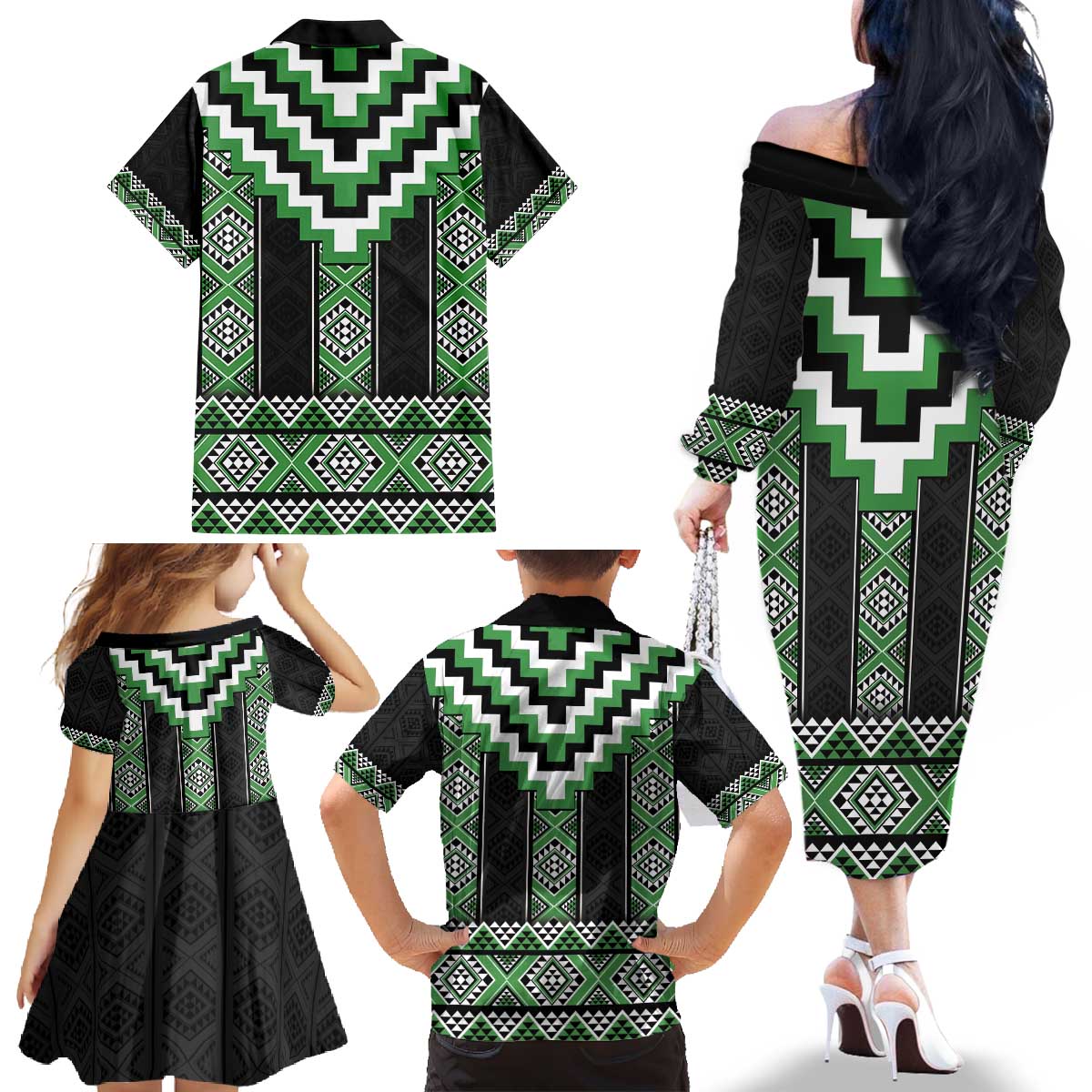 Green Taniko Pattern Aotearoa Family Matching Off The Shoulder Long Sleeve Dress and Hawaiian Shirt Niho Taniwha Mix Poutama LT14 - Polynesian Pride