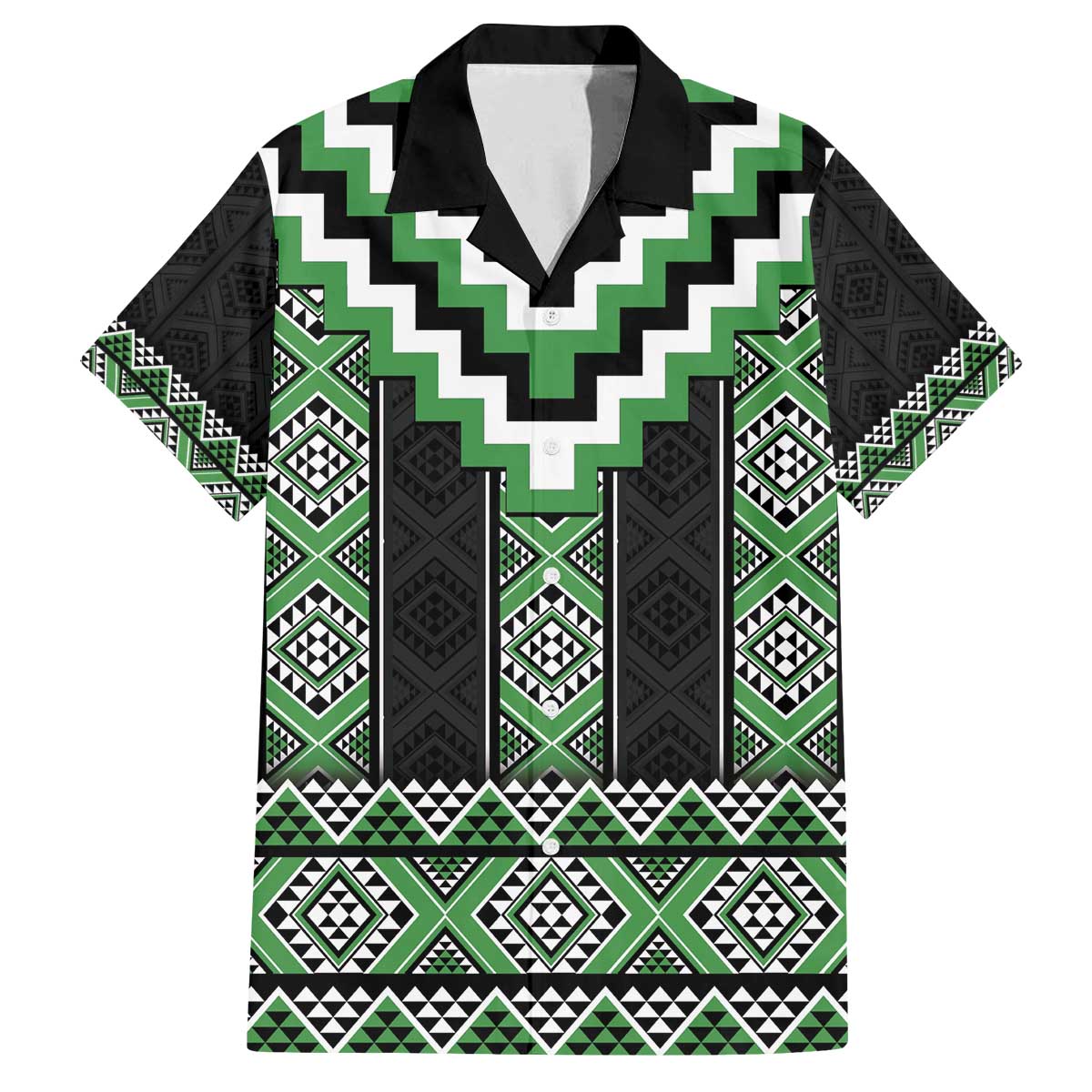 Green Taniko Pattern Aotearoa Family Matching Off The Shoulder Long Sleeve Dress and Hawaiian Shirt Niho Taniwha Mix Poutama LT14 Dad's Shirt - Short Sleeve Green - Polynesian Pride