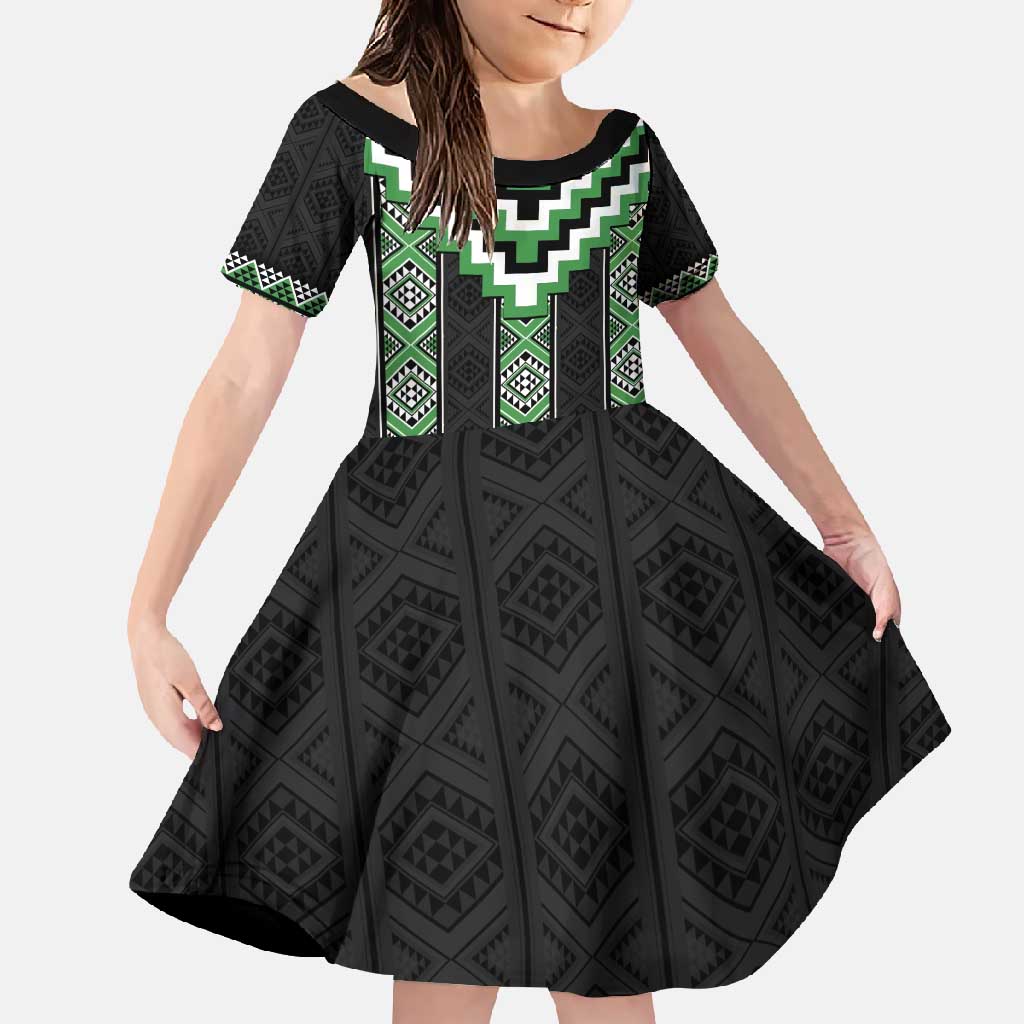Green Taniko Pattern Aotearoa Family Matching Off Shoulder Maxi Dress and Hawaiian Shirt Niho Taniwha Mix Poutama LT14 Daughter's Dress Green - Polynesian Pride