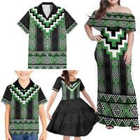 Green Taniko Pattern Aotearoa Family Matching Off Shoulder Maxi Dress and Hawaiian Shirt Niho Taniwha Mix Poutama LT14 - Polynesian Pride